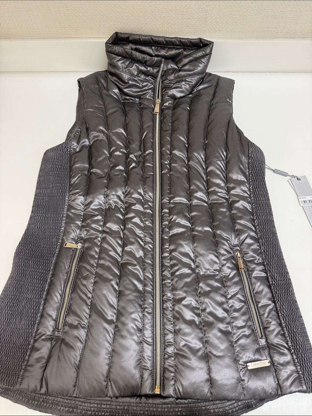 NWT Calvin Klein Quilted Metallic Gray Women's Down Puffer Vest